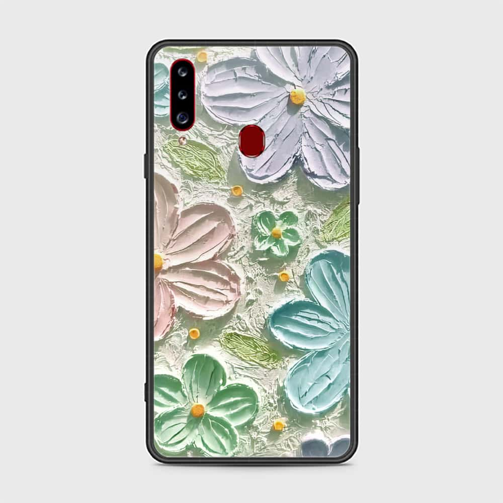 Samsung Galaxy A20s Cover - Floral Series - Design 15 - Blue & Green - HQ Ultra Shine Premium Infinity Glass Soft Silicon Borders Case