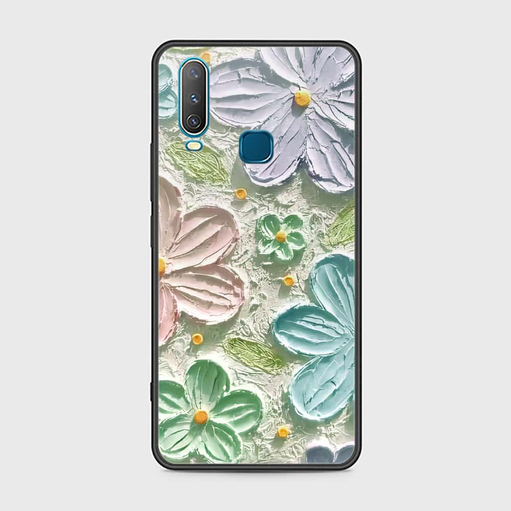 Vivo Y12 Cover - Floral Series - Design 15 - Blue & Green - HQ Ultra Shine Premium Infinity Glass Soft Silicon Borders Case