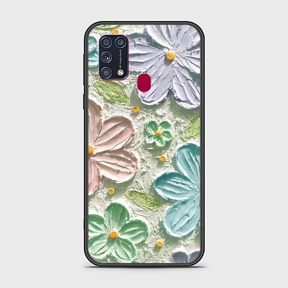 Samsung Galaxy M31 Cover - Floral Series - Design 15 - Blue & Green - HQ Ultra Shine Premium Infinity Glass Soft Silicon Borders Case