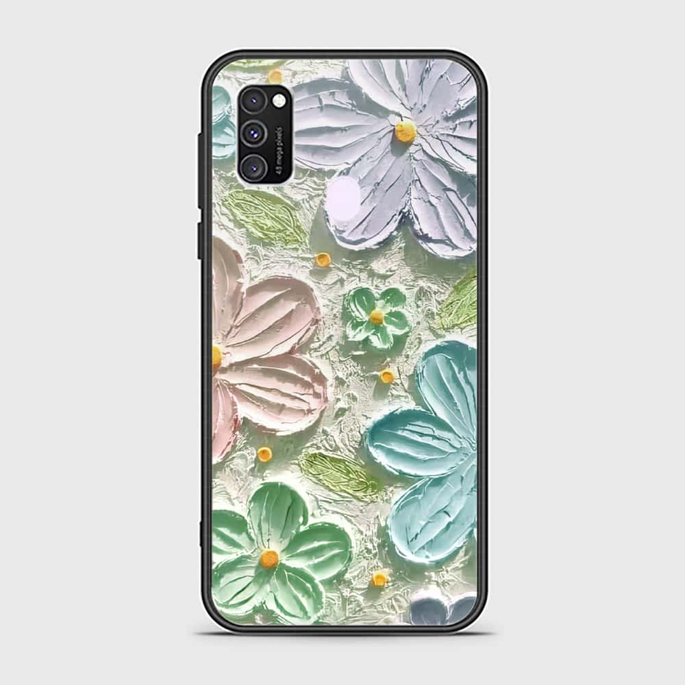 Samsung Galaxy M21 Cover - Floral Series - Design 15 - Blue & Green - HQ Ultra Shine Premium Infinity Glass Soft Silicon Borders Case