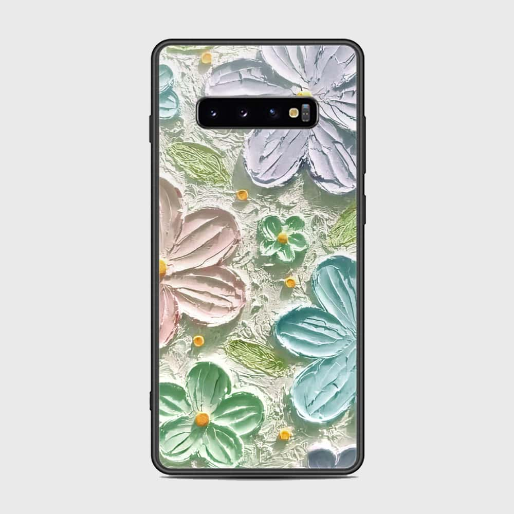 Samsung Galaxy S10 Plus Cover - Floral Series - Design 15 - Blue & Green - HQ Ultra Shine Premium Infinity Glass Soft Silicon Borders Case