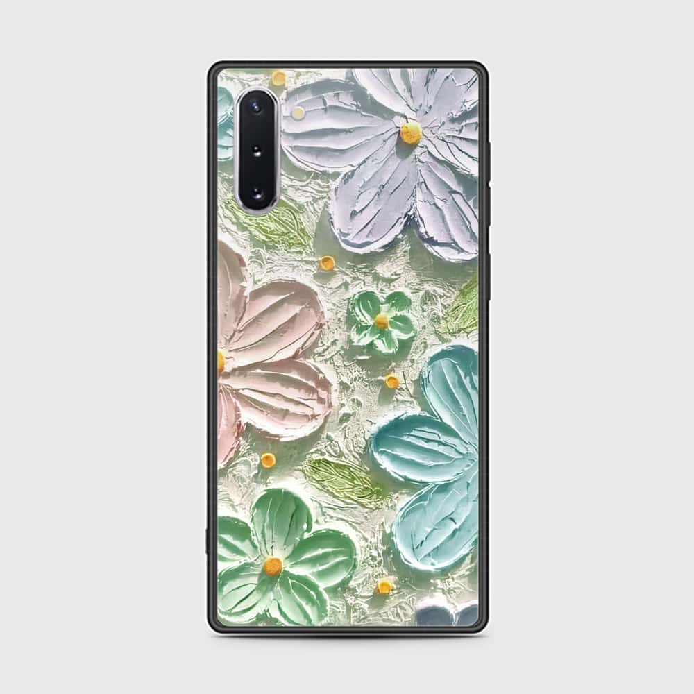 Samsung Galaxy Note 10  Cover - Floral Series - Design 15 - Blue & Green - HQ Ultra Shine Premium Infinity Glass Soft Silicon Borders Case