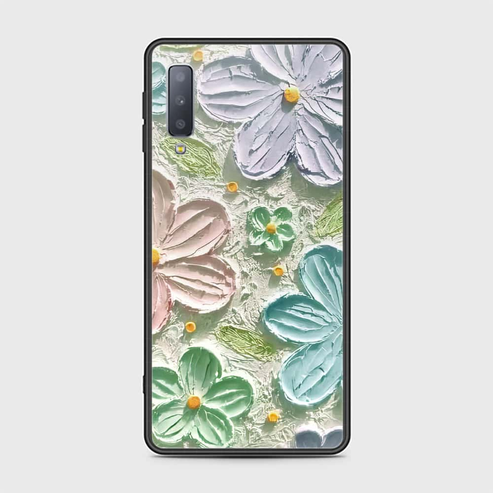 Samsung Galaxy A7 2018 Cover - Floral Series - Design 15 - Blue & Green - HQ Ultra Shine Premium Infinity Glass Soft Silicon Borders Case