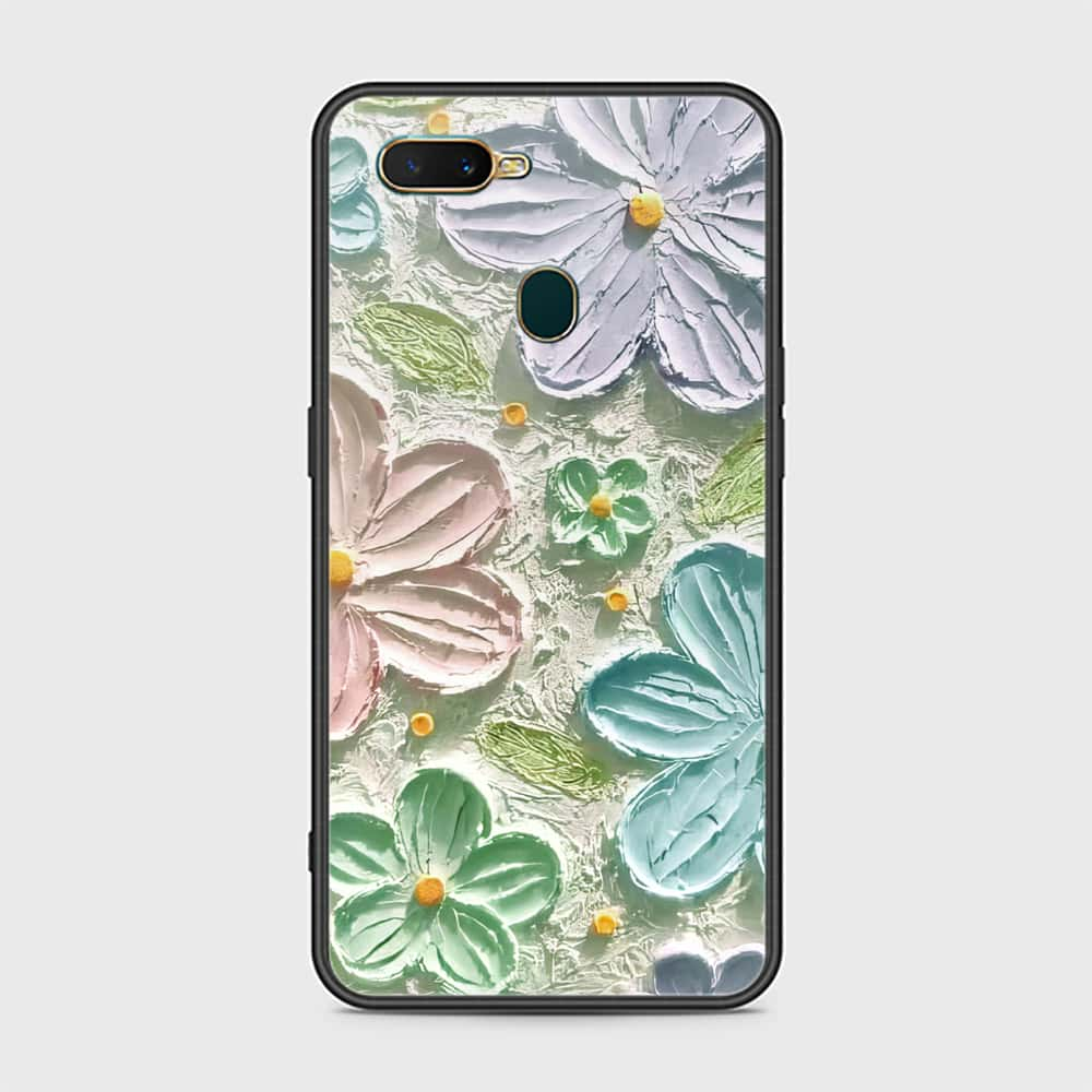 Oppo A7 Cover - Floral Series - Design 15 - Blue & Green - HQ Ultra Shine Premium Infinity Glass Soft Silicon Borders Case