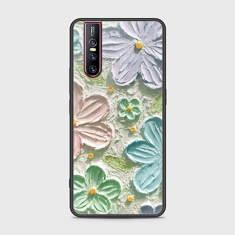 Vivo V15 Pro Cover - Floral Series - Design 15 - Blue & Green - HQ Ultra Shine Premium Infinity Glass Soft Silicon Borders Case