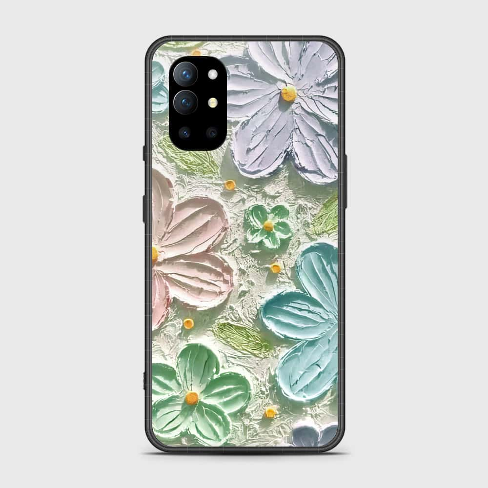 OnePlus 9R Cover - Floral Series - Design 15 - Blue & Green - HQ Ultra Shine Premium Infinity Glass Soft Silicon Borders Case