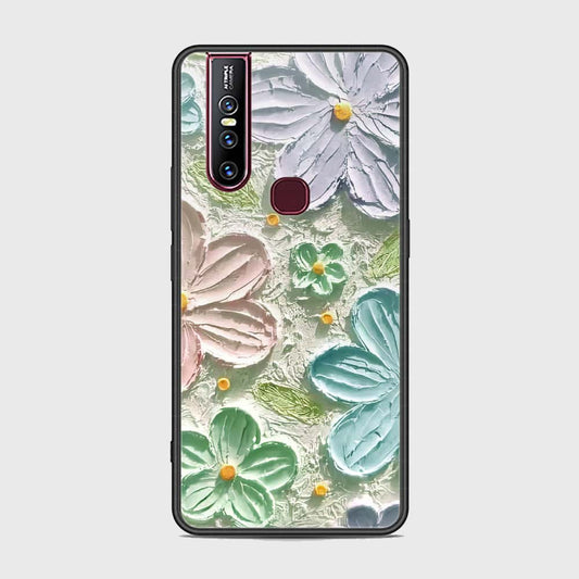 Vivo V15 Cover - Floral Series - Design 15 - Blue & Green - HQ Ultra Shine Premium Infinity Glass Soft Silicon Borders Case