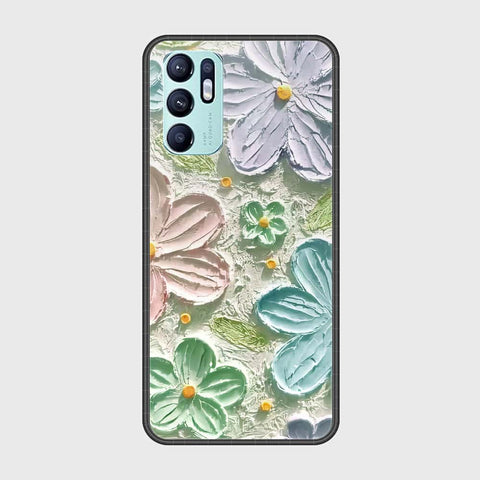 Oppo Reno 6 Cover - Floral Series - Design 15 - Blue & Green - HQ Ultra Shine Premium Infinity Glass Soft Silicon Borders Case