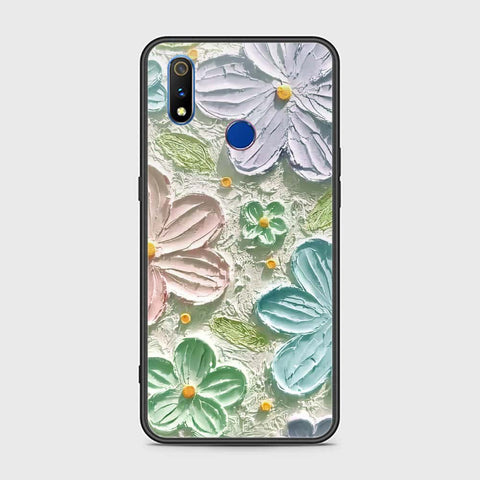 Realme 3 Cover - Floral Series - Design 15 - Blue & Green - HQ Ultra Shine Premium Infinity Glass Soft Silicon Borders Case