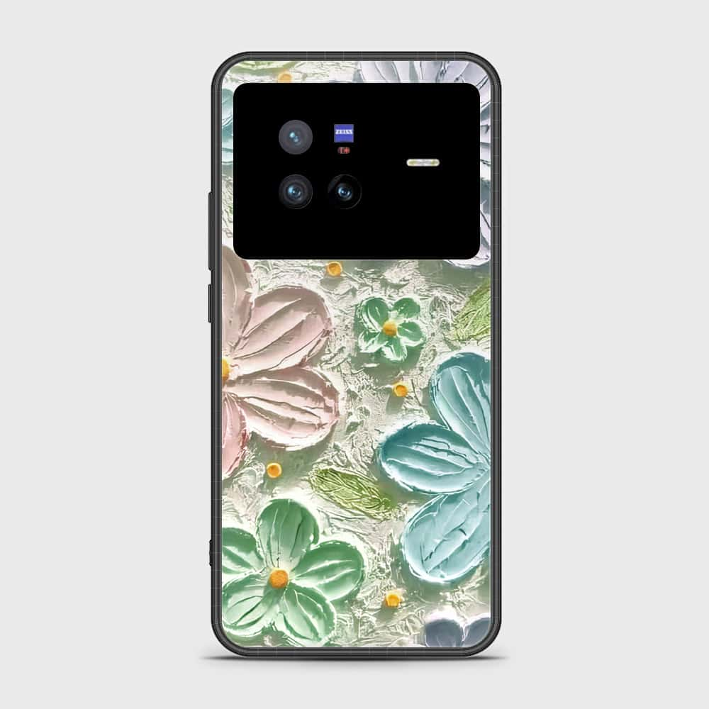 Vivo X80 Cover - Floral Series - Design 15 - Blue & Green - HQ Ultra Shine Premium Infinity Glass Soft Silicon Borders Case