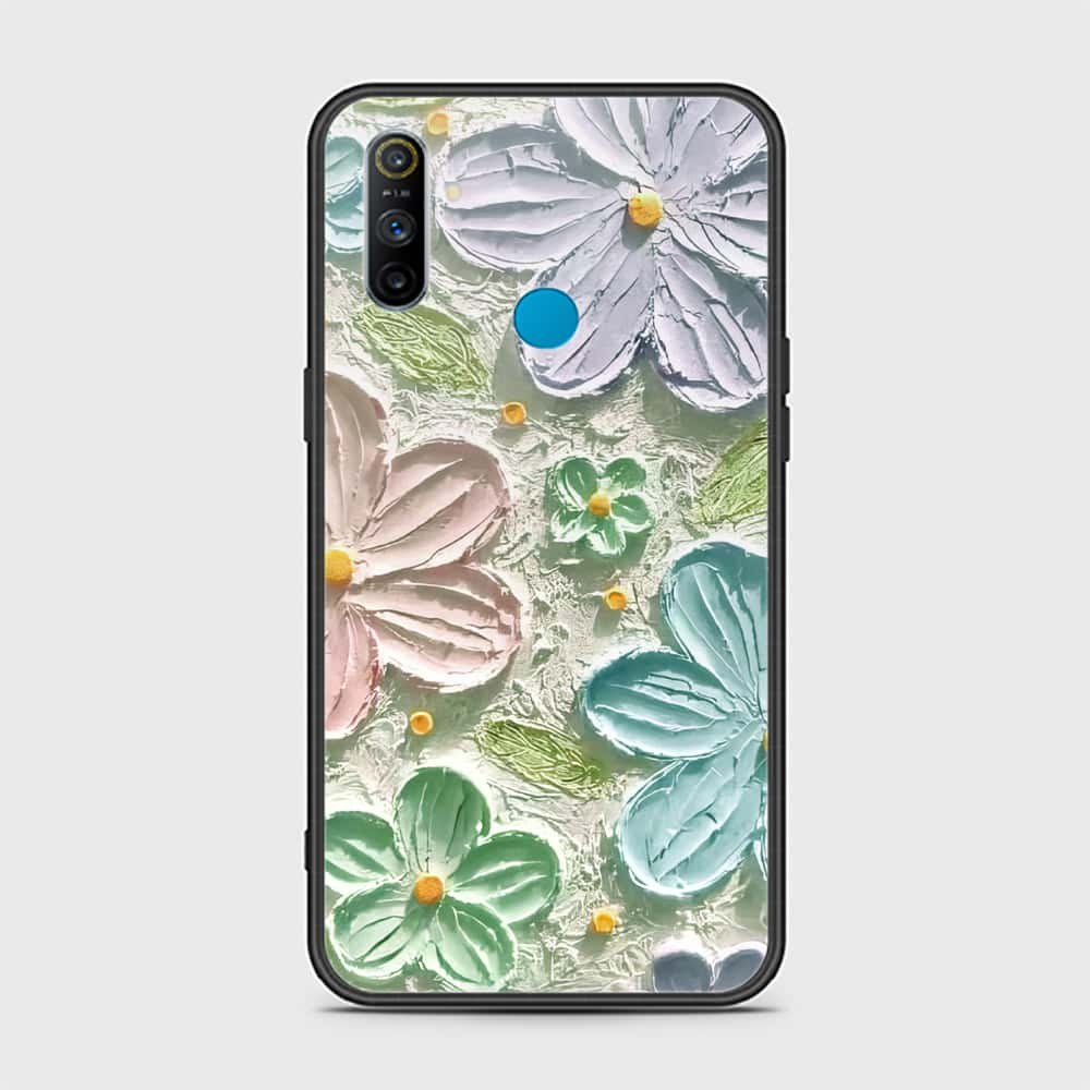 Realme C3 Cover - Floral Series - Design 15 - Blue & Green - HQ Ultra Shine Premium Infinity Glass Soft Silicon Borders Case