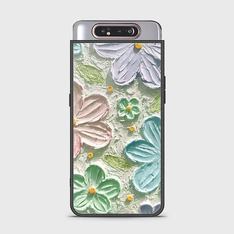 Samsung Galaxy A80 Cover - Floral Series - Design 15 - Blue & Green - HQ Ultra Shine Premium Infinity Glass Soft Silicon Borders Case