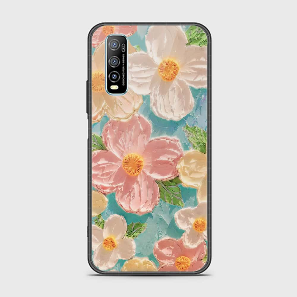 Vivo Y70s Cover - Floral Series - Design 16 - Cyan & Pink - HQ Ultra Shine Premium Infinity Glass Soft Silicon Borders Case