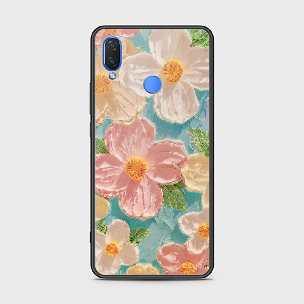 Huawei Y9 2019 Cover - Floral Series - Design 16 - Cyan & Pink - HQ Ultra Shine Premium Infinity Glass Soft Silicon Borders Case