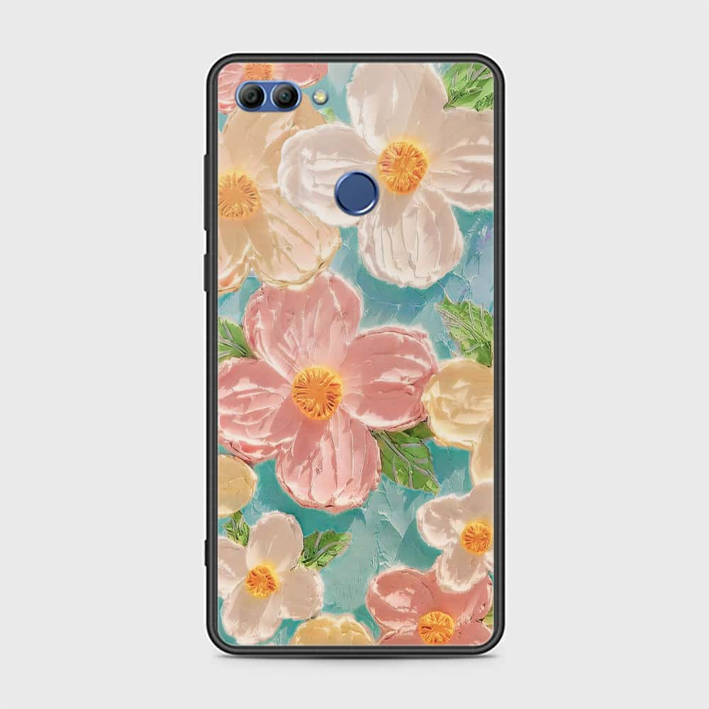 Huawei Y9 2018 Cover - Floral Series - Design 16 - Cyan & Pink - HQ Ultra Shine Premium Infinity Glass Soft Silicon Borders Case