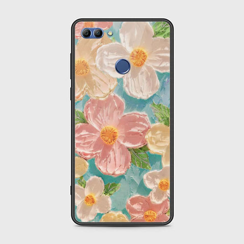 Huawei Y9 2018 Cover - Floral Series - Design 16 - Cyan & Pink - HQ Ultra Shine Premium Infinity Glass Soft Silicon Borders Case