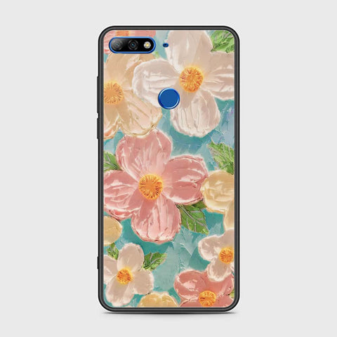 Y7 2018 Cover - Floral Series - Design 16 - Cyan & Pink - HQ Ultra Shine Premium Infinity Glass Soft Silicon Borders Case