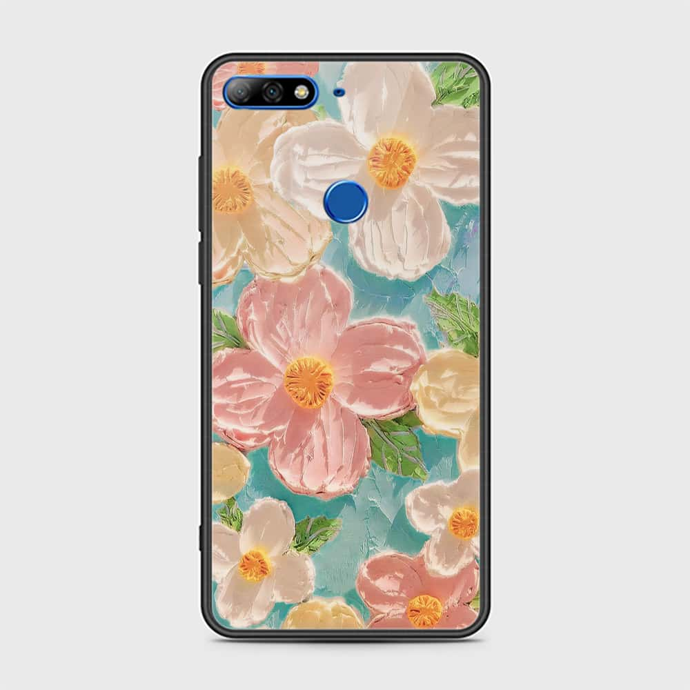 Huawei Y7 Prime 2018 Cover - Floral Series - Design 16 - Cyan & Pink - HQ Ultra Shine Premium Infinity Glass Soft Silicon Borders Case