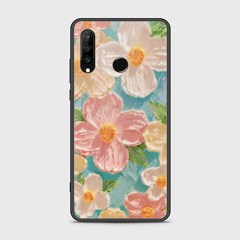 Huawei P30 lite Cover - Floral Series - Design 16 - Cyan & Pink - HQ Ultra Shine Premium Infinity Glass Soft Silicon Borders Case