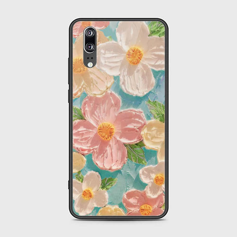 Huawei P20 Cover - Floral Series - Design 16 - Cyan & Pink - HQ Ultra Shine Premium Infinity Glass Soft Silicon Borders Case