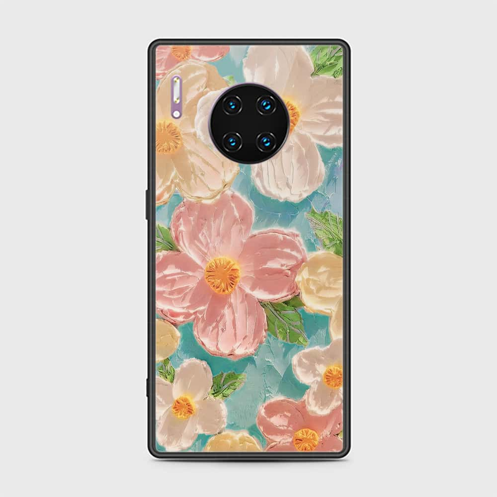 Huawei Mate 30 Pro Cover - Floral Series - Design 16 - Cyan & Pink - HQ Ultra Shine Premium Infinity Glass Soft Silicon Borders Case