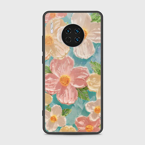 Huawei Mate 30 Cover - Floral Series - Design 16 - Cyan & Pink - HQ Ultra Shine Premium Infinity Glass Soft Silicon Borders Case