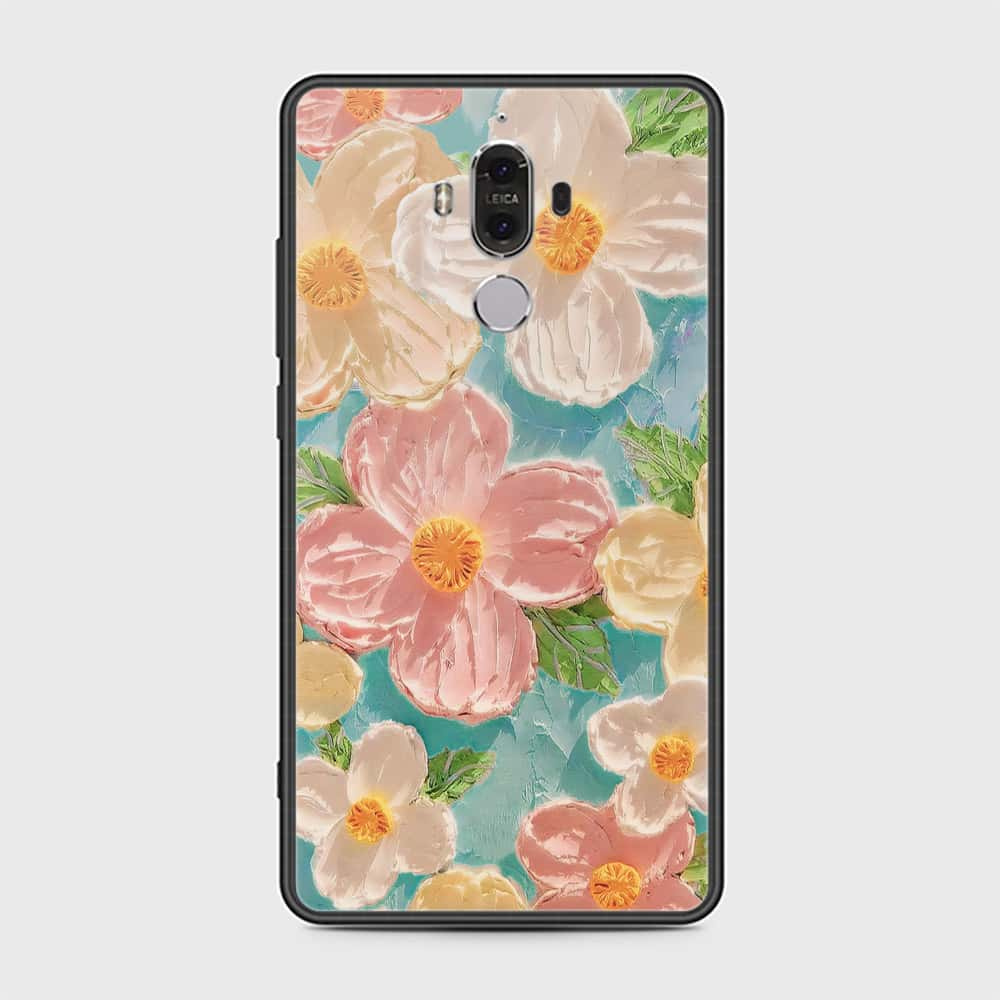 Huawei Mate 9 Cover - Floral Series - Design 16 - Cyan & Pink - HQ Ultra Shine Premium Infinity Glass Soft Silicon Borders Case