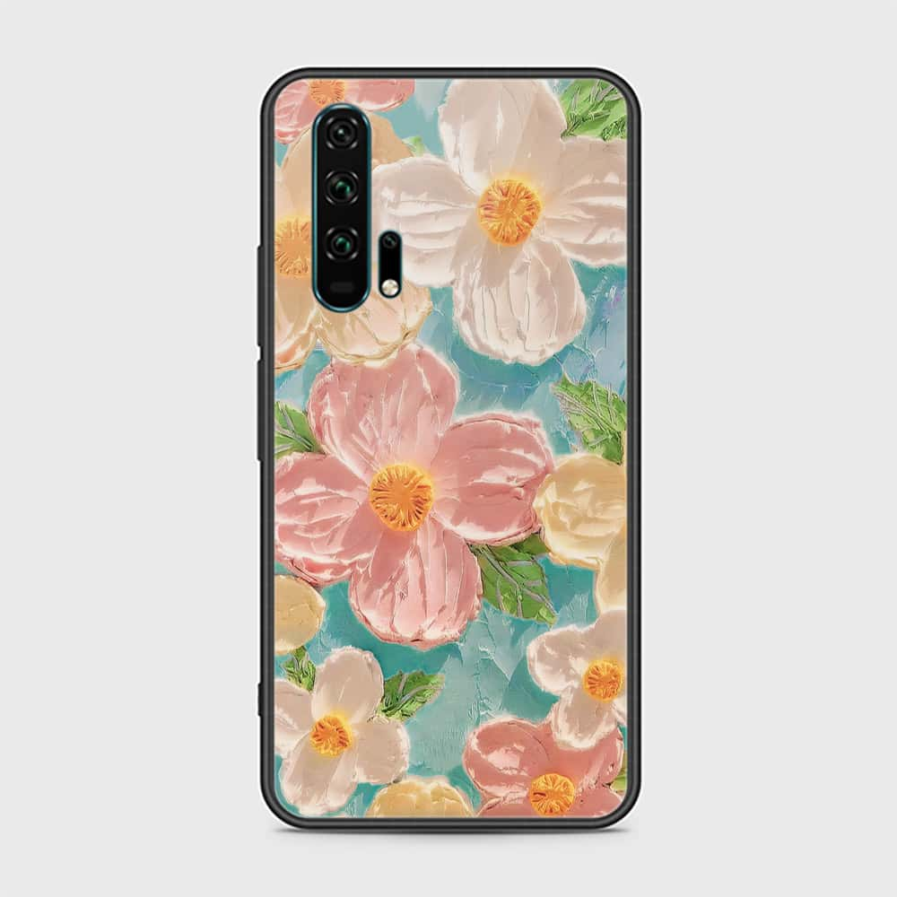 Honor 20 Pro Cover - Floral Series - Design 16 - Cyan & Pink - HQ Ultra Shine Premium Infinity Glass Soft Silicon Borders Case