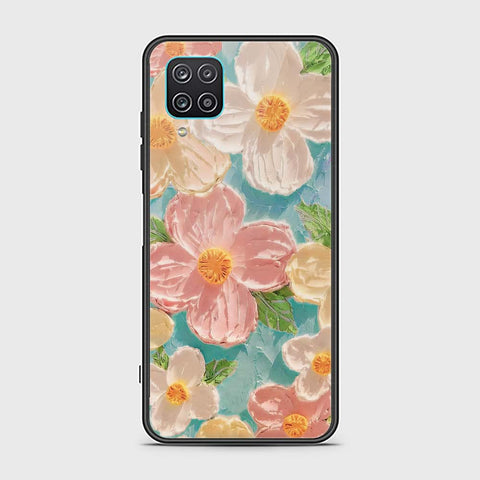 Samsung Galaxy A12 Cover - Floral Series - Design 16 - Cyan & Pink - HQ Ultra Shine Premium Infinity Glass Soft Silicon Borders Case