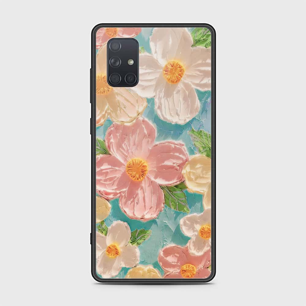 Samsung Galaxy A71 Cover - Floral Series - Design 16 - Cyan & Pink - HQ Ultra Shine Premium Infinity Glass Soft Silicon Borders Case