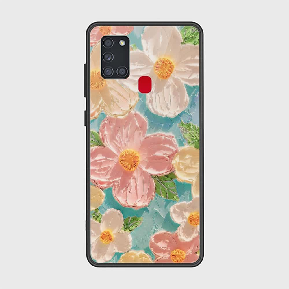 Samsung Galaxy A21s Cover - Floral Series - Design 16 - Cyan & Pink - HQ Ultra Shine Premium Infinity Glass Soft Silicon Borders Case