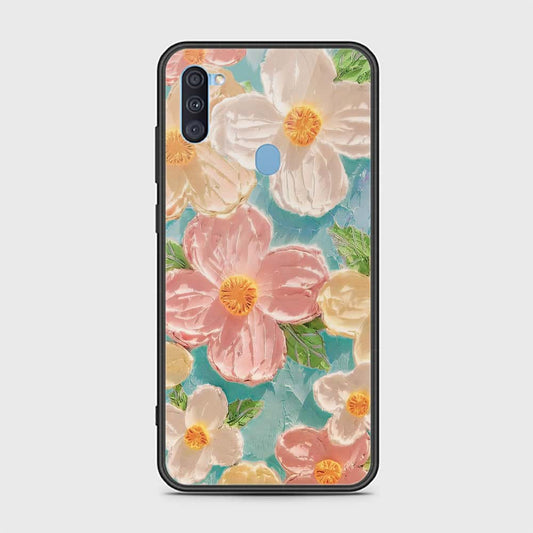 Samsung Galaxy M11 Cover - Floral Series - Design 16 - Cyan & Pink - HQ Ultra Shine Premium Infinity Glass Soft Silicon Borders Case