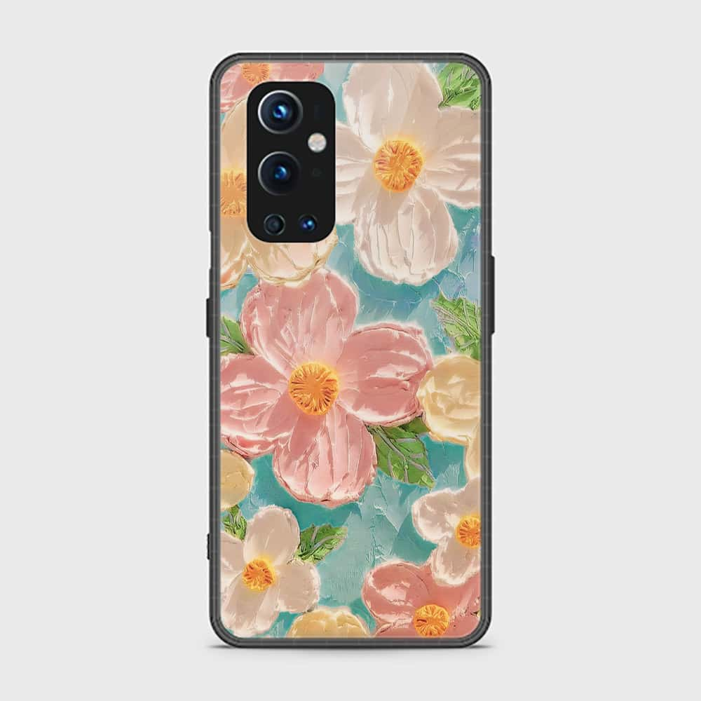 OnePlus 9 Pro Cover - Floral Series - Design 16 - Cyan & Pink - HQ Ultra Shine Premium Infinity Glass Soft Silicon Borders Case