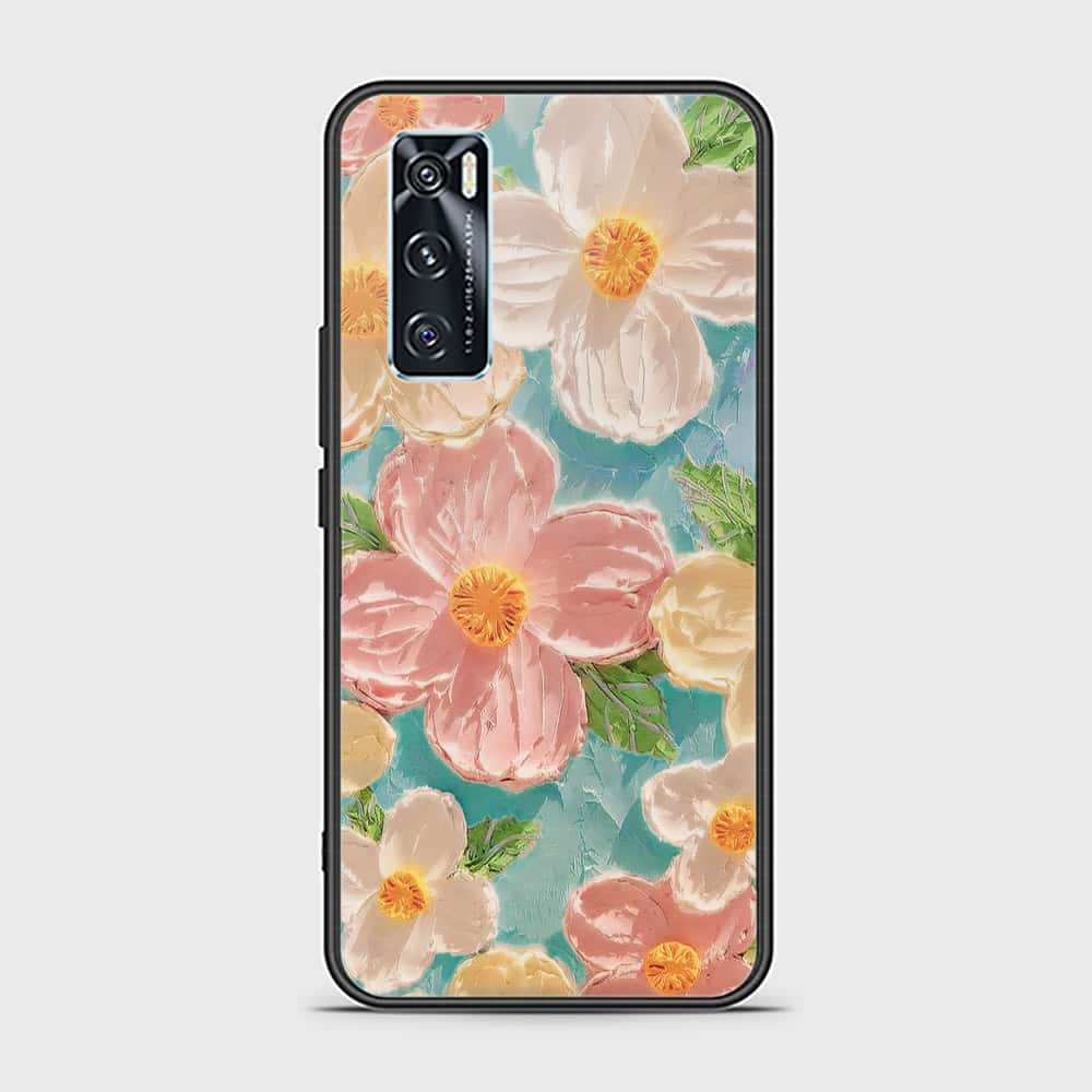 Vivo V20 SE Cover - Floral Series - Design 16 - Cyan & Pink - HQ Ultra Shine Premium Infinity Glass Soft Silicon Borders Case