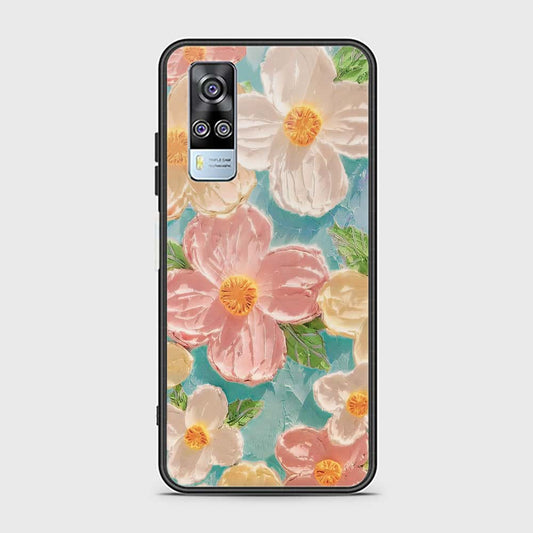 Vivo Y51 (2020 December) Cover - Floral Series - Design 16 - Cyan & Pink - HQ Ultra Shine Premium Infinity Glass Soft Silicon Borders Case