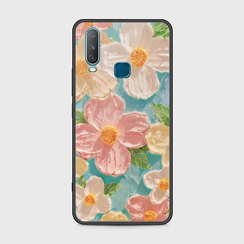 Vivo Y12 Cover - Floral Series - Design 16 - Cyan & Pink - HQ Ultra Shine Premium Infinity Glass Soft Silicon Borders Case