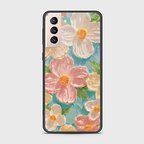 Samsung Galaxy S21 5G Cover - Floral Series - Design 16 - Cyan & Pink - HQ Ultra Shine Premium Infinity Glass Soft Silicon Borders Case