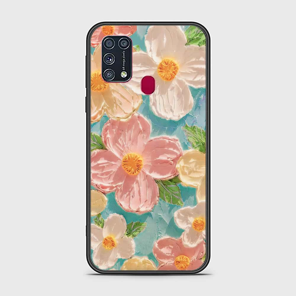 Samsung Galaxy M31 Cover - Floral Series - Design 16 - Cyan & Pink - HQ Ultra Shine Premium Infinity Glass Soft Silicon Borders Case