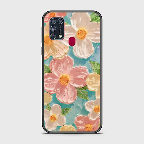 Samsung Galaxy M31 Cover - Floral Series - Design 16 - Cyan & Pink - HQ Ultra Shine Premium Infinity Glass Soft Silicon Borders Case