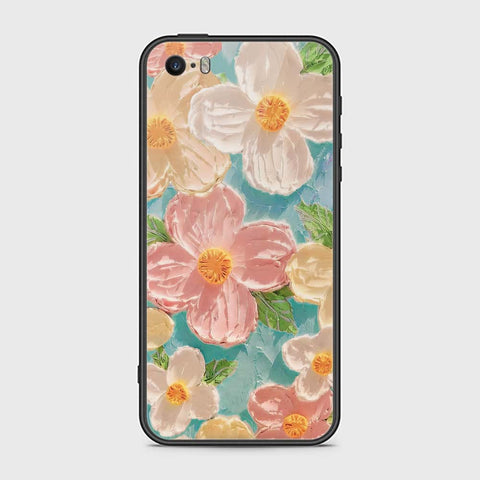 iPhone SE Cover - Floral Series - Design 16 - Cyan & Pink - HQ Ultra Shine Premium Infinity Glass Soft Silicon Borders Case