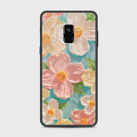 Samsung Galaxy A8 2018 Cover - Floral Series - Design 16 - Cyan & Pink - HQ Ultra Shine Premium Infinity Glass Soft Silicon Borders Case