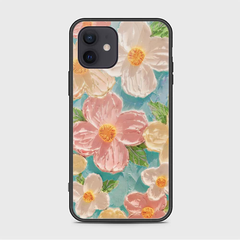 iPhone 12 Mini Cover - Floral Series - Design 16 - Cyan & Pink - HQ Ultra Shine Premium Infinity Glass Soft Silicon Borders Case