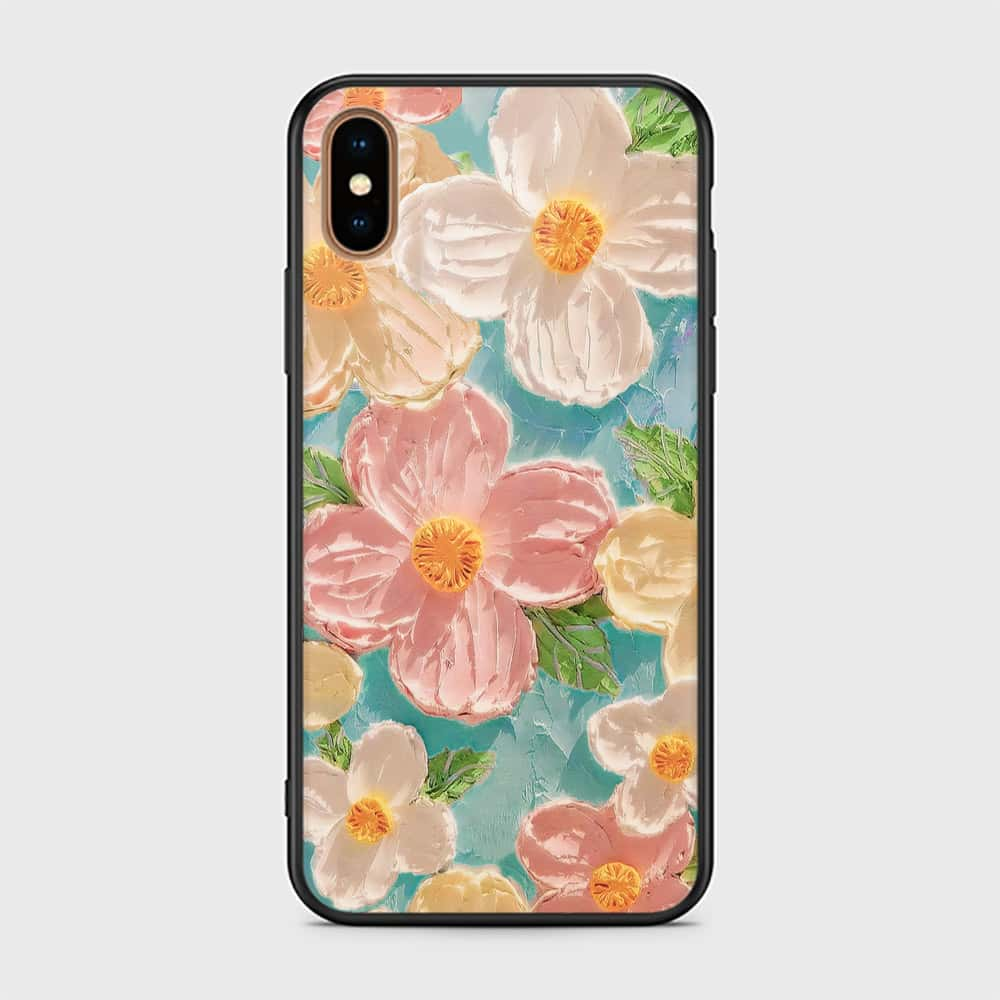 iPhone XS Max Cover - Floral Series - Design 16 - Cyan & Pink - HQ Ultra Shine Premium Infinity Glass Soft Silicon Borders Case