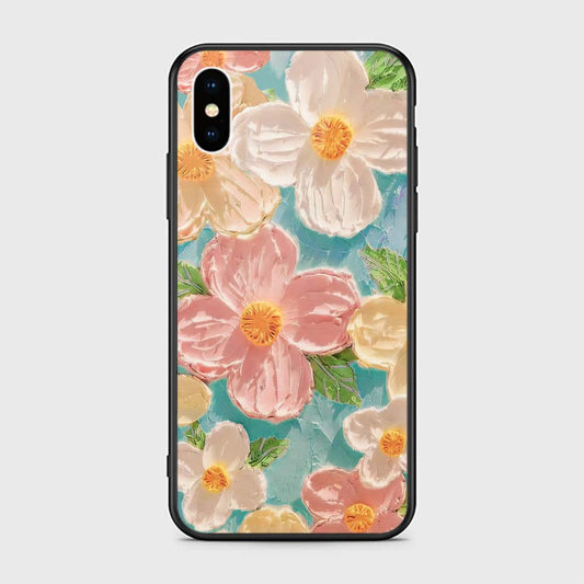 iPhone XS / X Cover - Floral Series - Design 16 - Cyan & Pink - HQ Ultra Shine Premium Infinity Glass Soft Silicon Borders Case