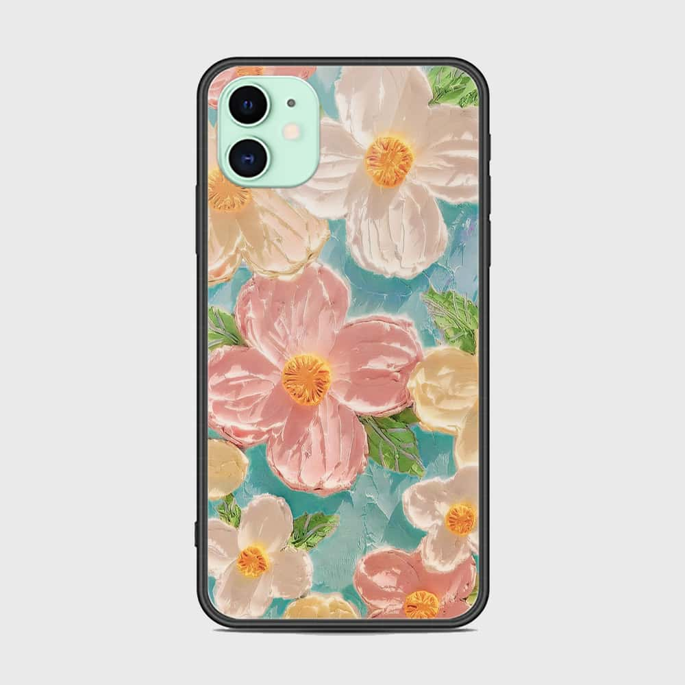 iPhone 11 Cover - Floral Series - Design 16 - Cyan & Pink - HQ Ultra Shine Premium Infinity Glass Soft Silicon Borders Case