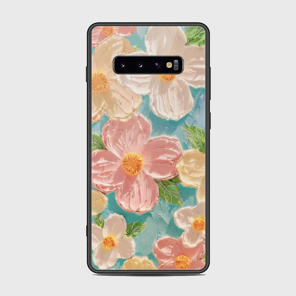 Samsung Galaxy S10 Plus Cover - Floral Series - Design 16 - Cyan & Pink - HQ Ultra Shine Premium Infinity Glass Soft Silicon Borders Case