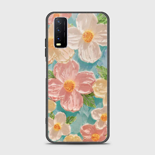 Vivo Y20i Cover - Floral Series - Design 16 - Cyan & Pink - HQ Ultra Shine Premium Infinity Glass Soft Silicon Borders Case