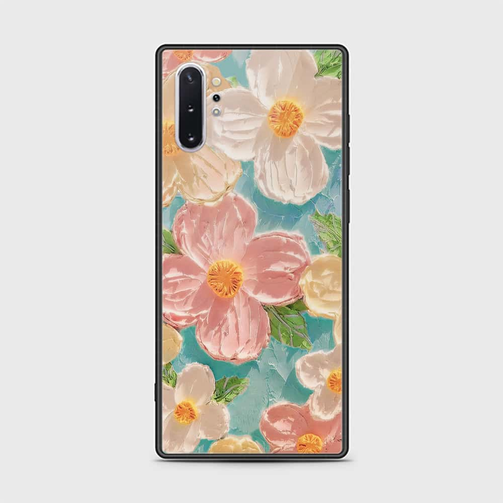 Samsung Galaxy Note 10 Plus Cover - Floral Series - Design 16 - Cyan & Pink - HQ Ultra Shine Premium Infinity Glass Soft Silicon Borders Case