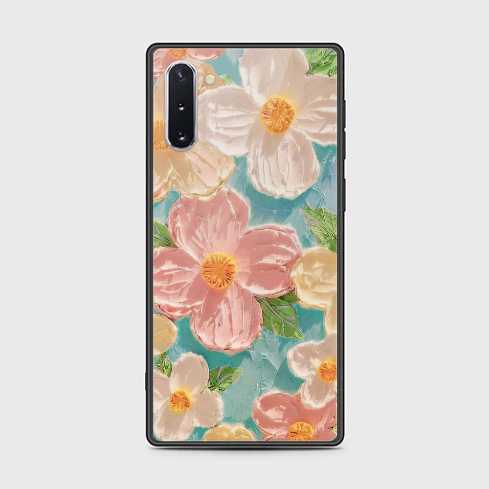 Samsung Galaxy Note 10  Cover - Floral Series - Design 16 - Cyan & Pink - HQ Ultra Shine Premium Infinity Glass Soft Silicon Borders Case