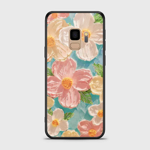 Samsung Galaxy S9 Cover - Floral Series - Design 16 - Cyan & Pink - HQ Ultra Shine Premium Infinity Glass Soft Silicon Borders Case